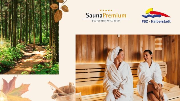 Zwei Frauen in Sauna mit Bademänteln, Waldansicht links, Logo FSZ und SaunaPremium oben rechts