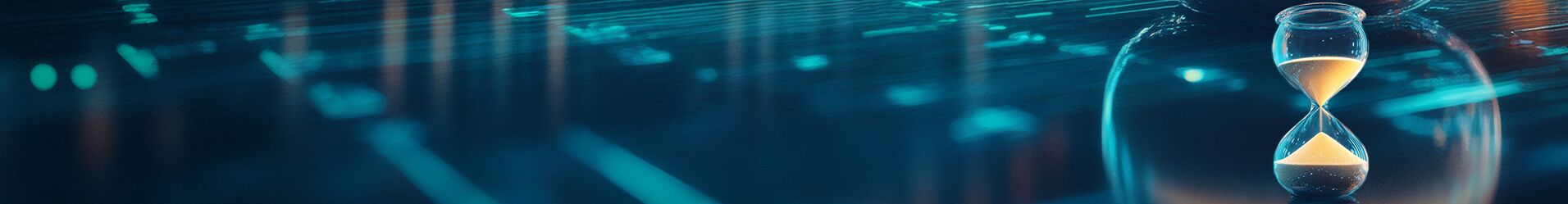 Sanduhr vor abstraktem techno-blauem Hintergrund.