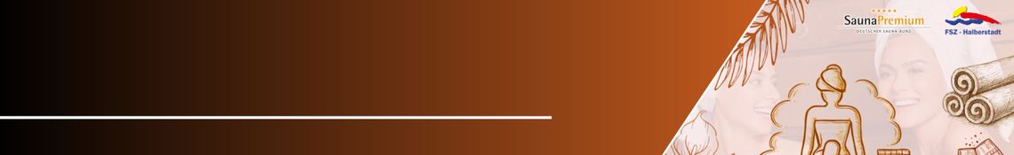 Brauner Hintergrund mit Sauna-Logo sowie FSZ-Logo und Grafik: Entspannung in der Sauna mit dekorativen Elementen.