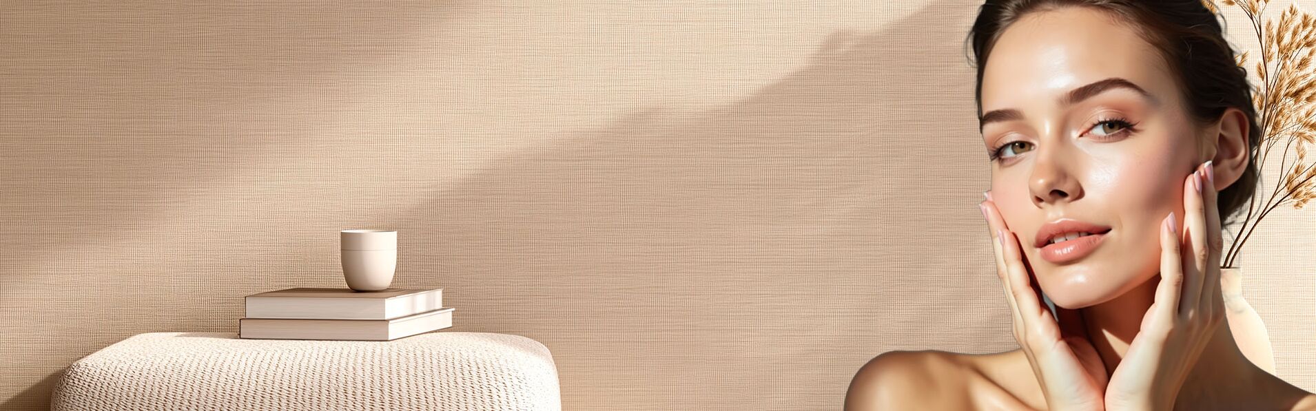 Frau mit glatter Haut neben Büchern auf Tisch