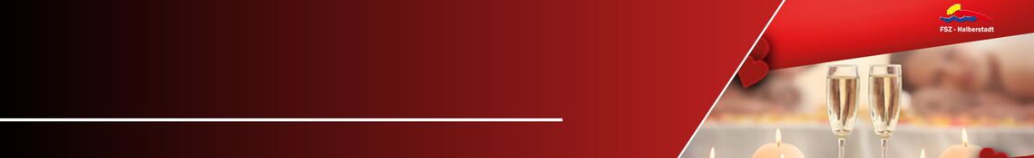 Zwei Sektgläser und Kerzen vor rotem Hintergrund und dem Logo des Freizeit- und Sportzentrum Halberstadts