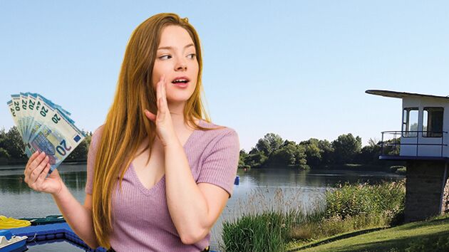 Frau mit Geldscheinen am Seeufer.