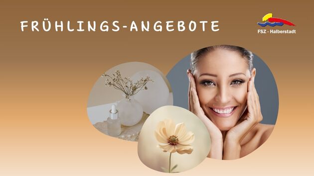 Collage mit Frau, Blume und Kosmetikflasche.