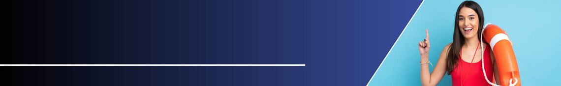 Frau zeigt nach oben, hält Rettungsring, blauer Hintergrund.