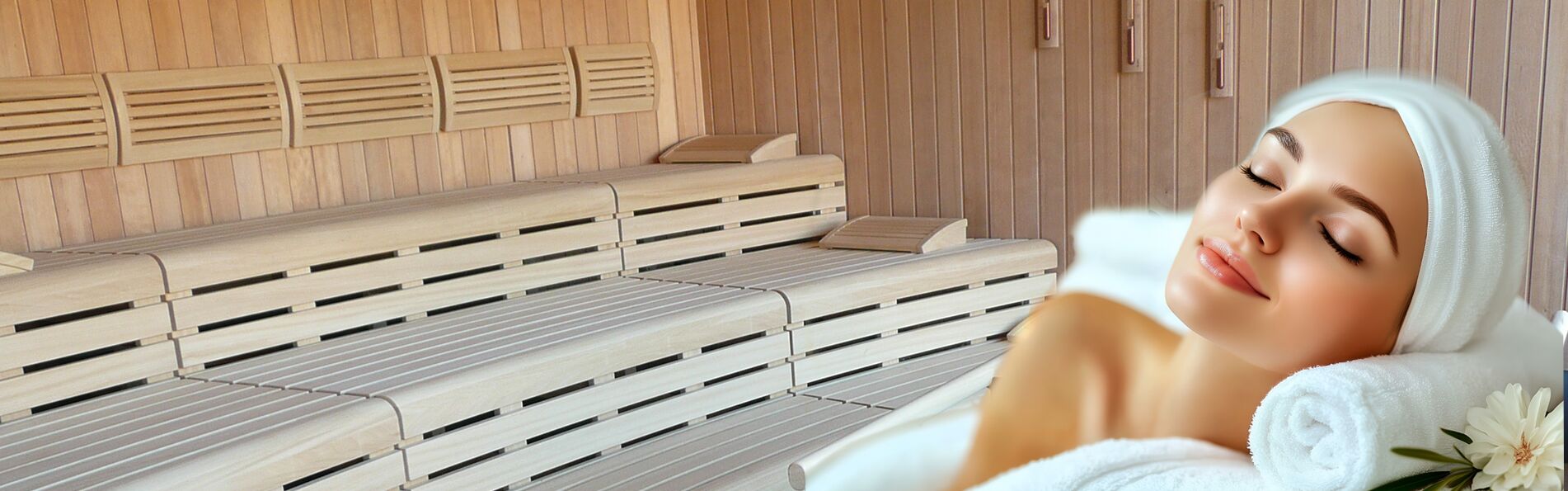 Frau entspannt sich in einer Sauna, eingehüllt in weiße Handtücher.