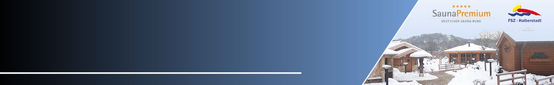 Sauna im Winter mit verschneiten Hütten, Freizeit- und Sportzentrum-Halberstadt Logo und Sauna Premium Logo