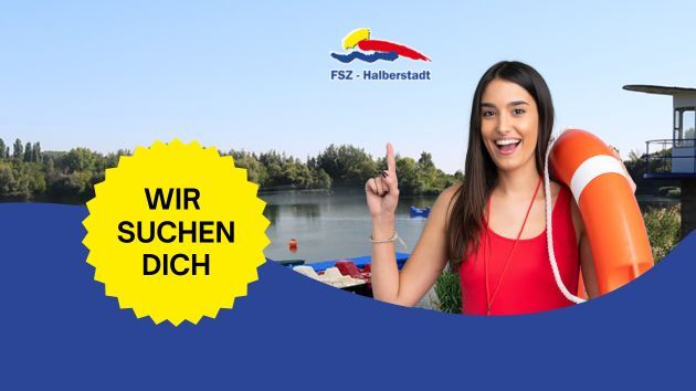Frau mit Rettungsring am Halberstädter See mit Logo FSZ Halberstadt