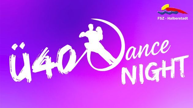 Logo mit "Ü40 Dance Night" und Tanzpaar in violettem Hintergrund.