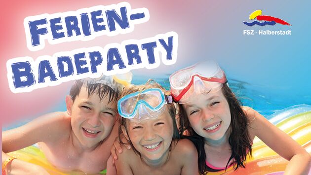 Drei Kinder mit Taucherbrillen bei einer Poolparty mit Textüberschrift -Ferienbadeparty-