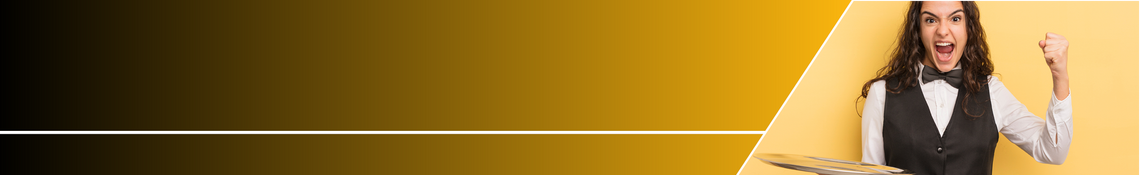 Frau in Uniform mit Tablett und geballter Faust, gelber Hintergrund.