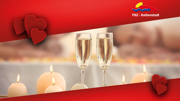 Zwei Sektgläser mit Kerzen, unscharfer Hintergrund und dem Logo des Freizeit- und Sportzentrum Halberstadt